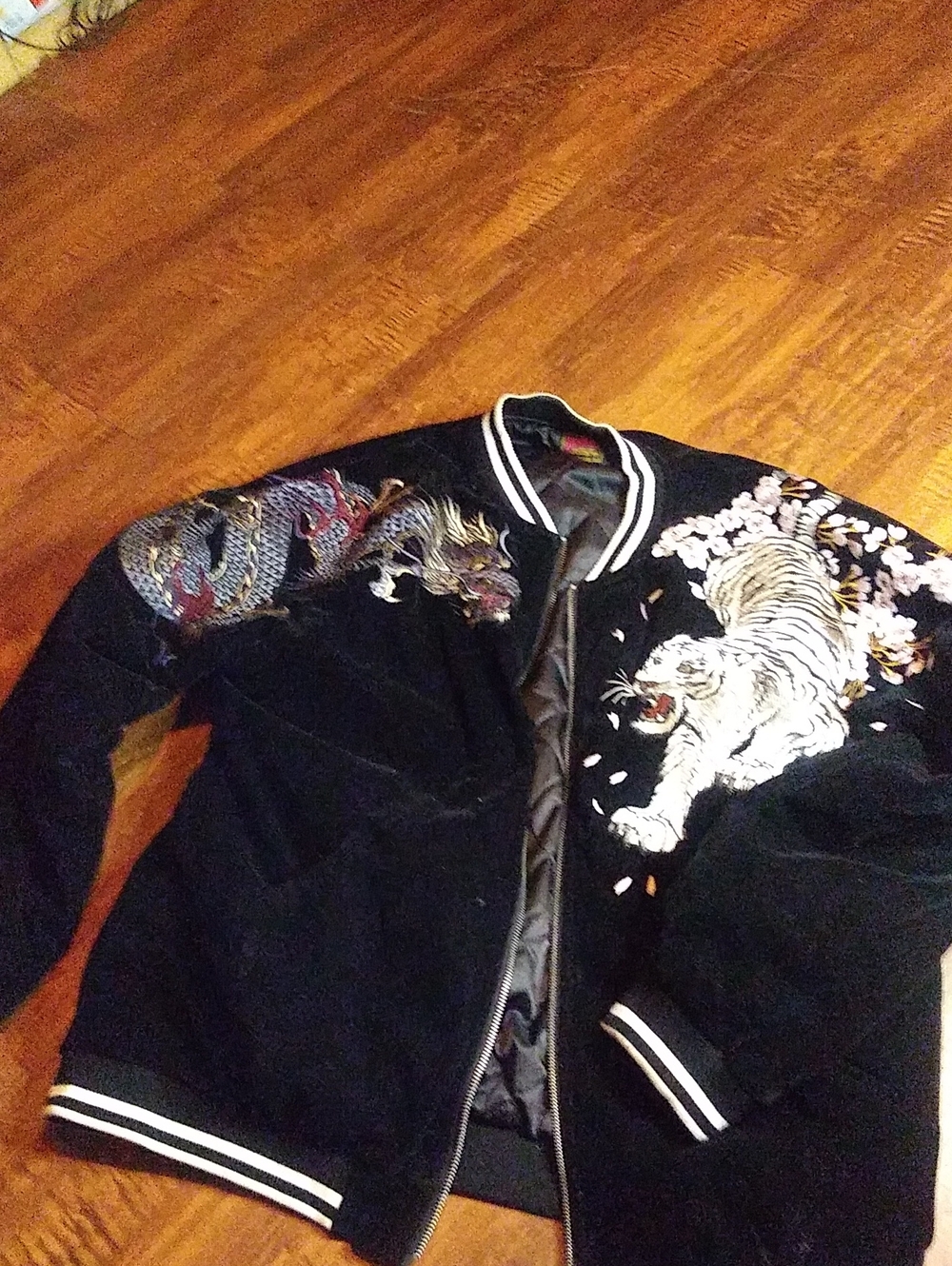 Embroidered Black Velvet Tiger & Dragon Bomber Jacket